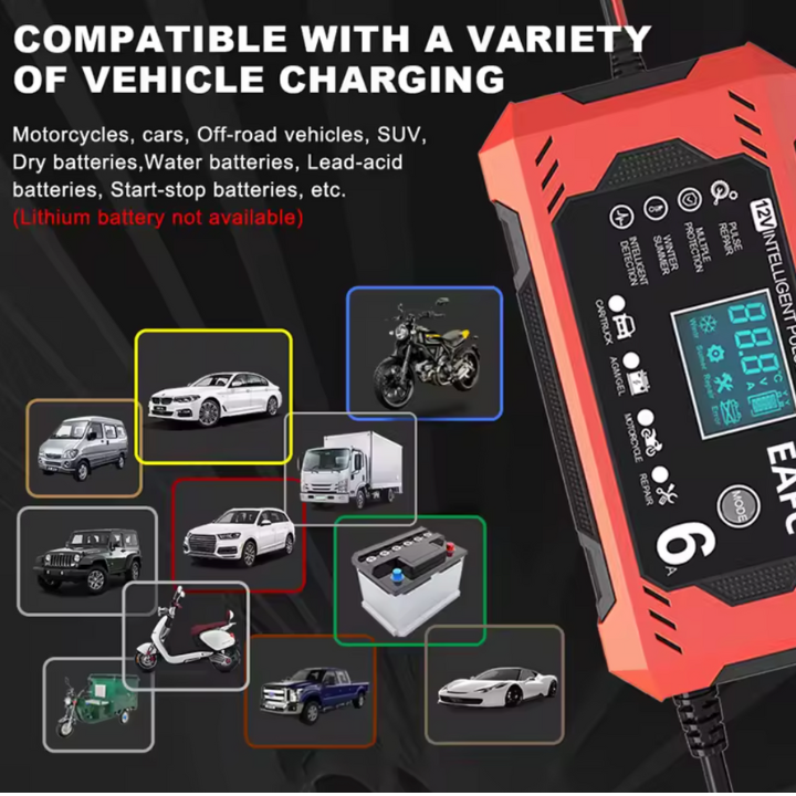 מטען סוללה לרכב חכם 12V/24V - תצוגת LCD & הגנה אוטומטית