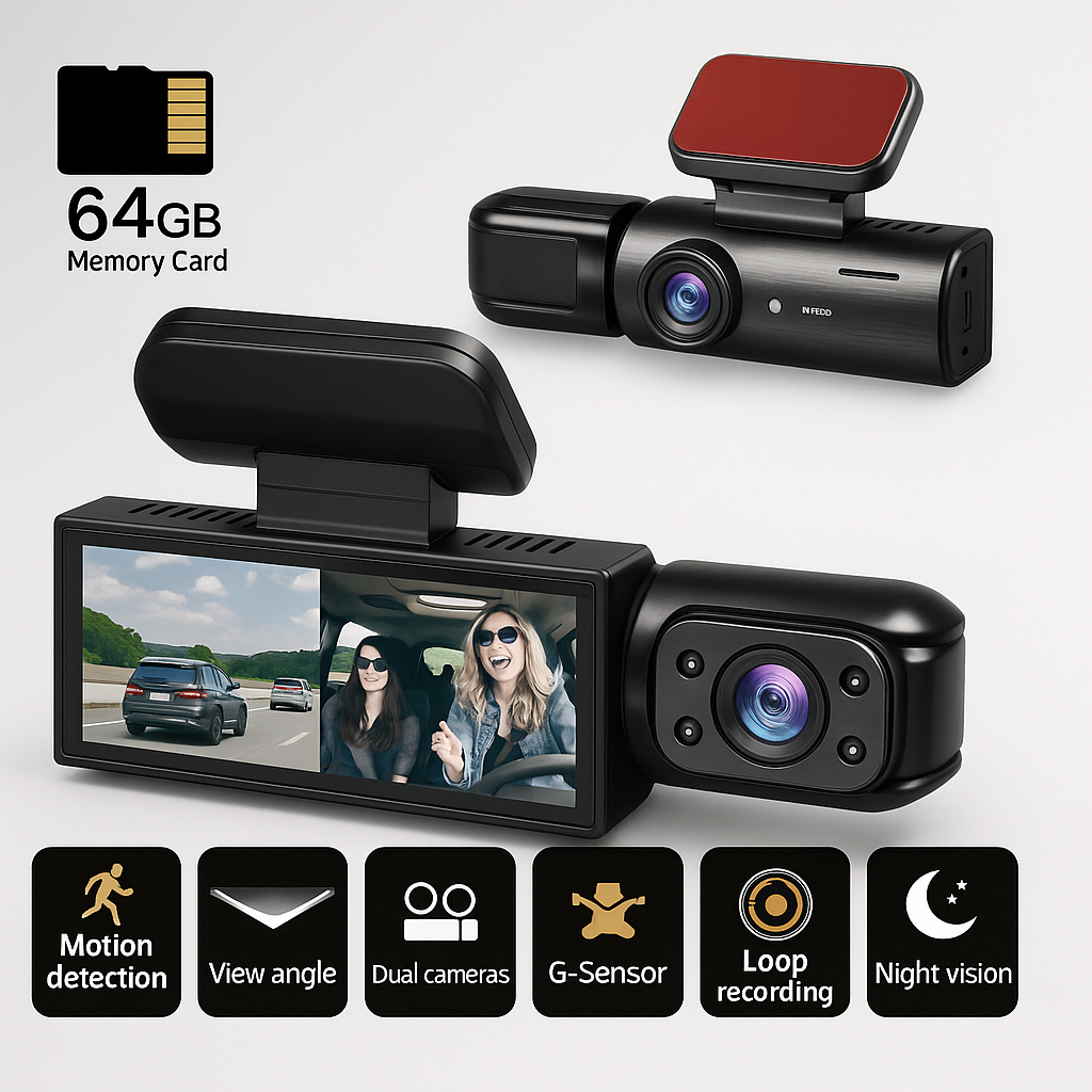 Dashcam Double Full HD Auto - Yökuvaus + Sisäkamera 